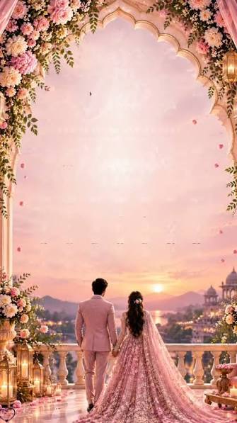A bride and groom holding hands on a flower-framed palace terrace at sunset